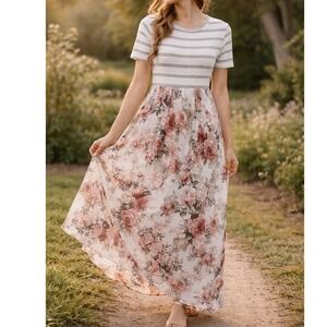 Besom River Striped Floral Maxi Dress Boho Cottagecore Soft L Mixed Media Spring